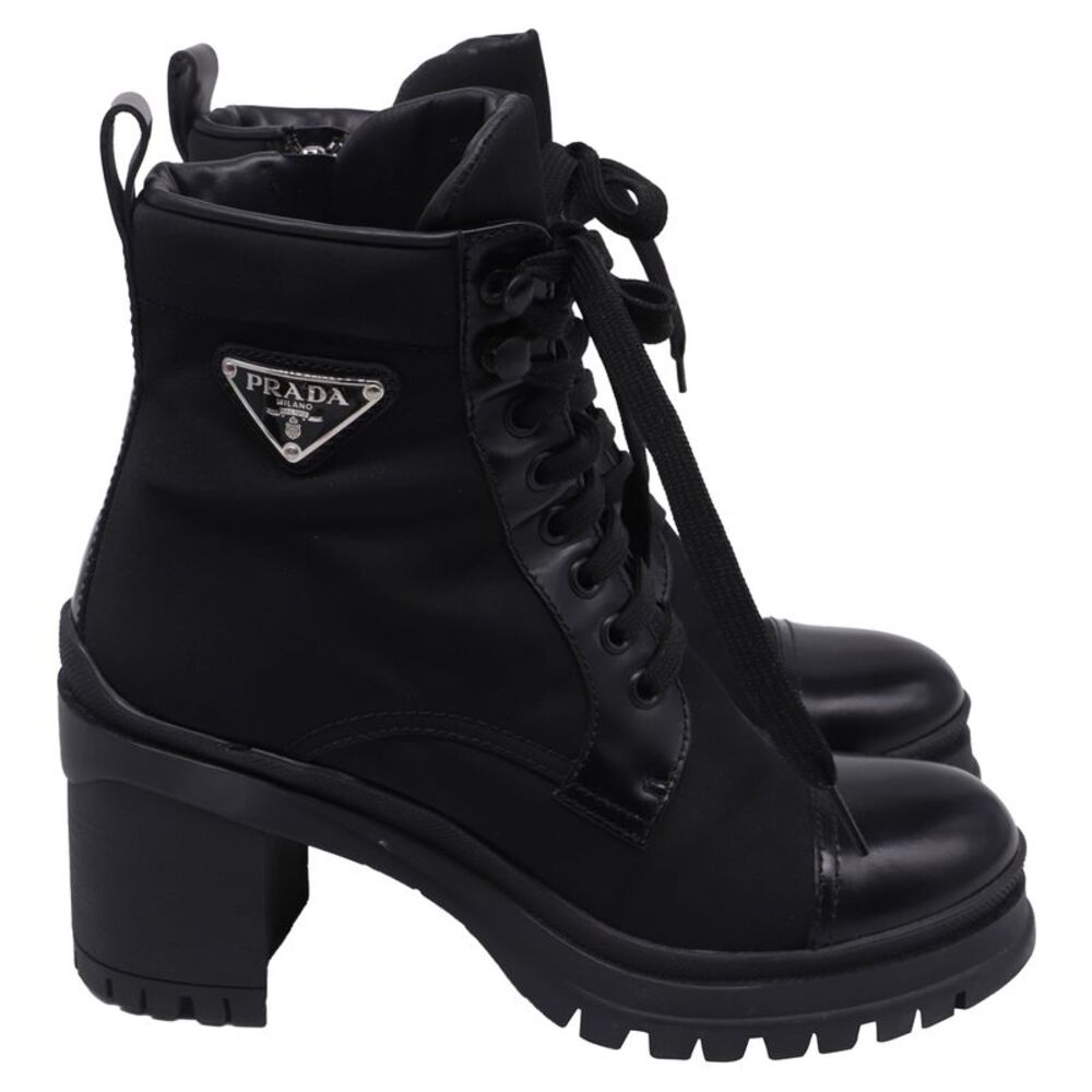 Prada Re-Nylon Metal Triangle Lace Up Ankle Boots in Black Leather